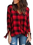Astylish Women Casual Plaid V Neck 3 4 Long Sleeve Blouses and Tops Shirts Red XX-Large