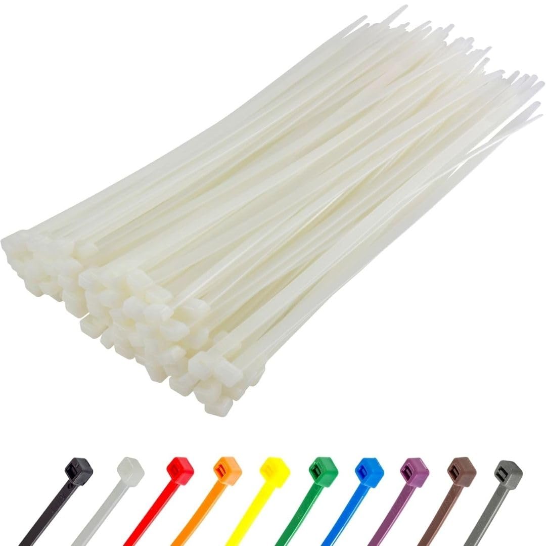 Gocableties Heavy Duty Long White Cable Ties, 370mm x 7.6mm, Pack of 100, Premium Nylon Zip Ties Clear/Natural, Plastic Tie Wraps, Secure Self-Locking Mechanism, for Home, Garden, Office and DIY