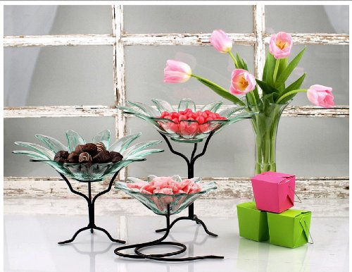 Colorful Daisy Shaped Glass Serving Chip & Dip Dish or Candy Nut Bowl ~ G147F Aqua Table Top Glass Serving Bowl Serve Ware w/ Metal Stand for Chip & Dip Combos, Fruit or Displaying Potpourri
