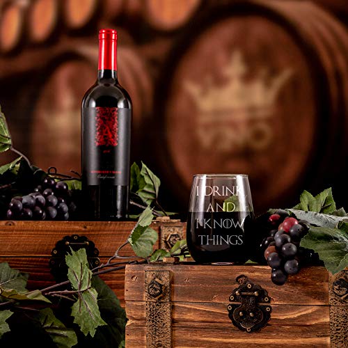 I Drink and I Know Things - Wine Glass, Stemless - 17oz - Engraved- Inspired by Game of Thrones- Drinkware - Novelty gift glasses for Men and Women - Made in USA. Includes free Wine Food Pairing Card - Thumbnail 6
