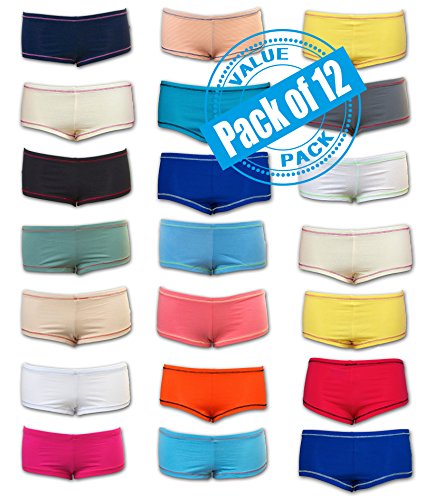 Sexy Basics Womens 12 Pack Grab Bag Cotton Spandex Boyshort Briefs, Colors May Vary (Large - 7, Assorted Solids)