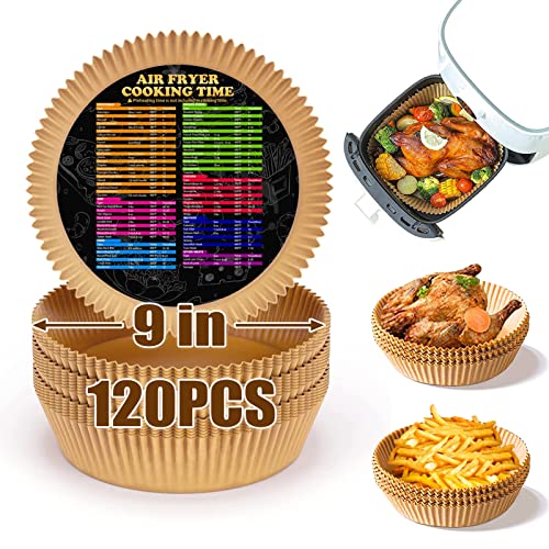 ZOWVAAM Air Fryer Disposable Paper Liner, 9 Inch Large Non-stick, Baking Paper, Oil Resistant, Waterproof, Food Grade Parchment for Everyday Baking, White, 120PCS