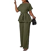 Women's 2 Piece Outfits Suit Set Short Sleeve Peplum Top Flared Pants Sets Business Pantsuits