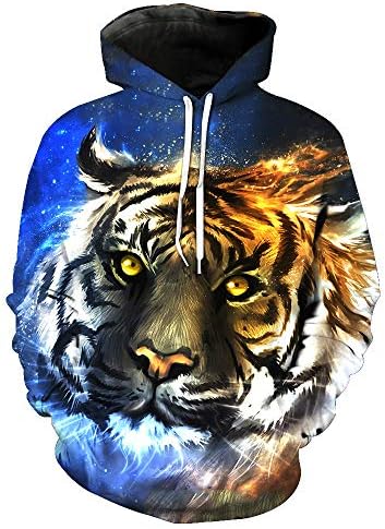 WEIYIGE Sweatshirt 3D Tiger King Print Hooded Pocket Turtleneck Sweater Men'S Cap Sweater