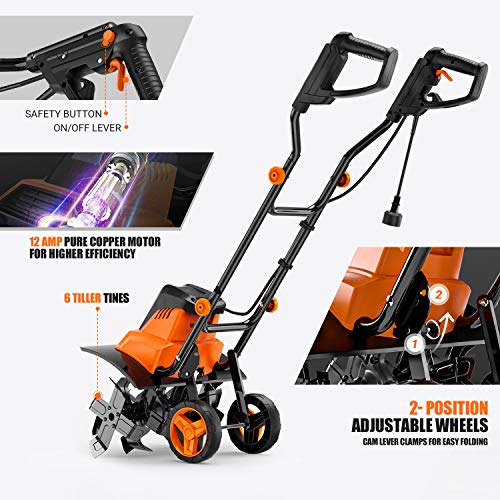 TACKLIFE Electric Tiller, Tiller, 12Amp, 16 Inch Cultivation Width, 8
