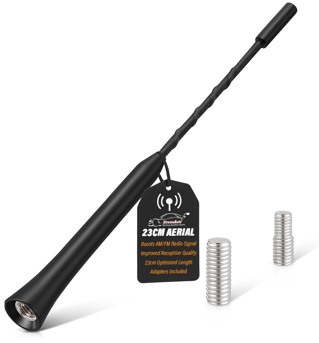 Xtremeauto 23cm Car Aerial – Universal Bee Sting Radio Antenna, AM/FM Signal Booster, Short Replacement Car Aerial with M5/M6 Adapters – Black