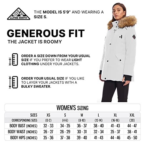 Alpine North Women's Vegan Down Parka Jacket with Faux Fur, White
