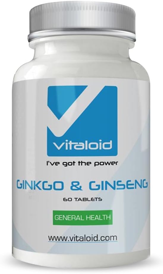 Vitaloid Gingko Biloba & Ginseng Tablets – Brain Function Booster - Supports Mental clarity, Focus Memory– Ginkgo Biloba Improves Brain Function, Blood Flow and helps maintain energy levels Stable