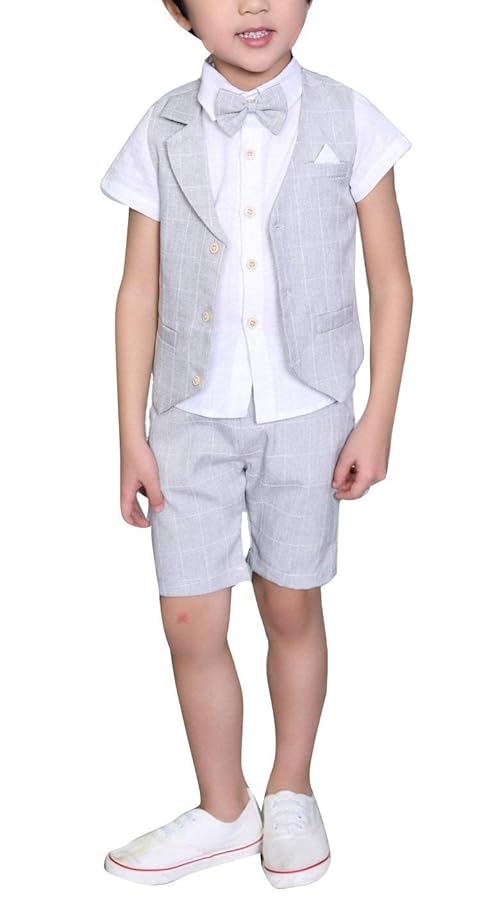 LOLANTA 4PCS Page Boy Suits Wedding, Kids Summer Short Suit Set, Ceremony Christening Partywear, Waistcoat Shorts Shirt with Bowtie, 4-5 Years, Grey, Tag 110