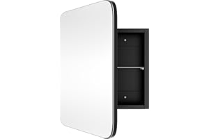 AGDULL Vintage-Style Bathroom Wood Wall Cabinet with 14''x18'' Curved Mirror, Recessed Medicine Cabinet, Bathroom Storage Cabinet, Black