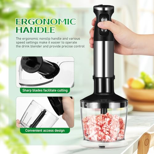 Batidora de Inmersión 5 en 1, Batidora de Mano de 1000 W, 12 Velocidades, Acero Inoxidable 304, Con Vaso Mezclador de 600 ml, Picador de 500 ml, Batidor y Espumador de Leche (Negro)