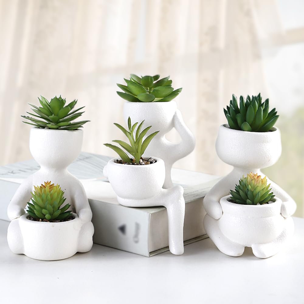 ODIWEN 3PCS Mini Fake Succulents Mini Artificial Succulent Desk Plant in Pots, Artificial Plants with Creative Human Shape Pots, Decorative Fake Succulent Faux Plastic Plant Indoor