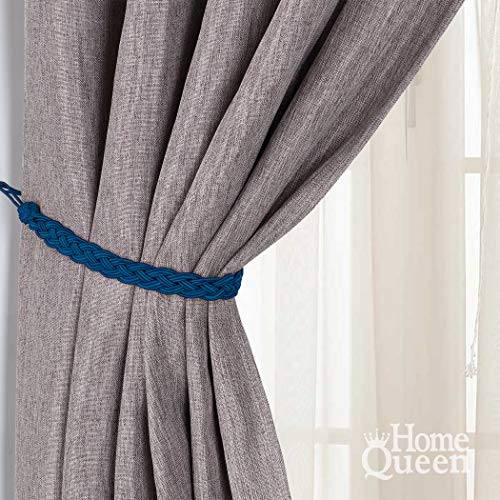Home Queen Hand Braided Curtain Tie Back, Buckle Holdback Drapery Curtain Tiebacks, 2 Rope Belt Curtain Tie with 2 Metal Hooks, Navy - Thumbnail 3
