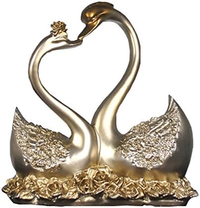 QHYT Home Decorations Elegant Swan Couple Statue Modern Style for Cabinet End Table Heart Shaped Love Gold