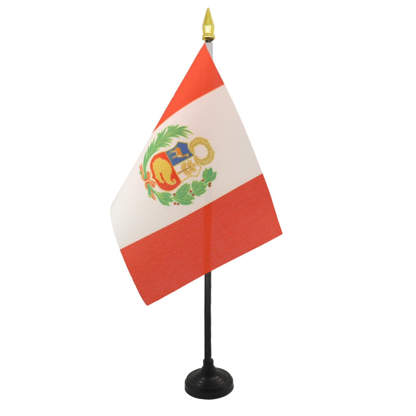 AZ FLAG - Peru Table Flag 4'' x 6'' - Peruvian Mini Desk Flag 100% Polyester 15 x 10 cm - Office Mini Banner with 10'' Pole - Golden Spear