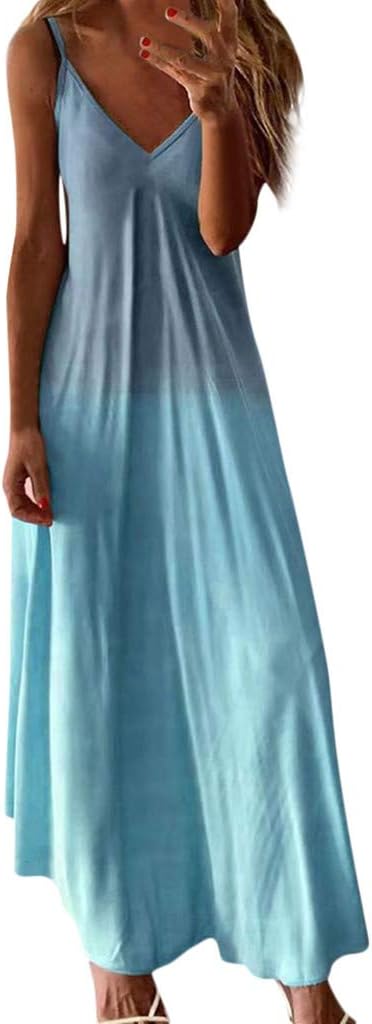 Handyulong Womens Dresses Casual Summer Sundress Sleeveless V-Neck Gradient Color Loose Maxi Long Dress Tunic Tank Dress