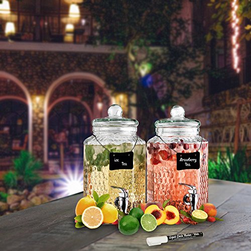 Elegant Hammered Glass Double Beverage Drink Dispenser on Antique Scroll Metal Stand - 1 Gallon Each Jug - 2 Erasable Mini Chalkboard Signs, White Liquid Chalk Marker - Home Bar & Party Centerpiece - Thumbnail 2