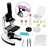 Scientoy kids Microscope with 100X-600X-1200X, 45 pcs Microscope Kit with Large-caliber Eyepiece, 12 Microscope Slides Brine Shrimp Hatchery, Metal Body, LED Light, Phone Holder, Best Science Experime