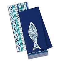 Design Imports Blue Santorini Cotton Table Linens, Dishtowels 18-Inch by 28-Inch, Set of 2, Cycladic Fish