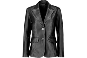 Lambskin Leather Blazer for Women, Casual 2-Button Design, Black