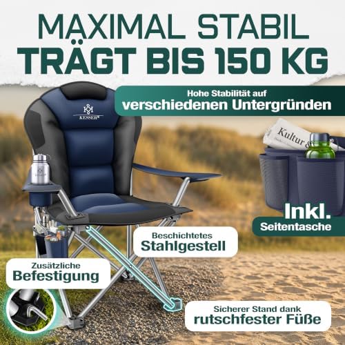 ® Sedia da Campeggio fino a 150 kg con Braccioli, Schienale Alto, Imbottita, Luce da Campeggio e Portabicchieri + Borsa, Pieghevole e Richiudibile, Blu Navy/Nero