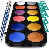 Face Paint and Body Painting Kit - Set of 12 Metallic Colors with Bonus Flat and Detail Paint Brushes - Comes w/ 30 Design Stencils - Non Toxic, Water Based and Easy On, Easy Off - FDA Compliant