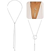 FIRSAUKI 2Pcs Long Gold Necklace for Women Trendy Dainty 14k Gold Plated Silver Lariat Necklaces Y Tassel Drop Tie Necklace Simple Adjustable Statement Jewelry Gift