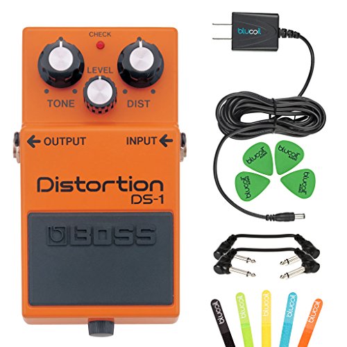 Boss DS-1 Distortion Guitar Effects Pedal -INCLUDES- Blucoil Power Supply Slim AC/DC Adapter for 9 Volt DC 670mA, 5 Pack of Cable Ties AND 2 Hosa 6-inch Molded Right-Angle Patch Cables