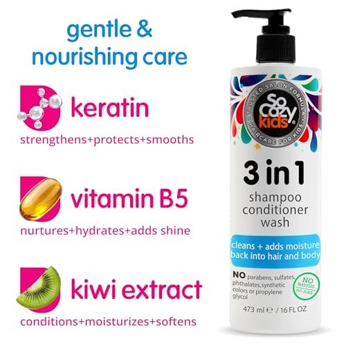 SoCozy 3-in-1 Kids Shampoo + Conditioner + Body Wash (10.5 Fl Oz) Gentle, Hydrating Hair & Body Cleanser with Keratin, Vitamin B5, & Kiwi Extract, Paraben & Sulfate-Free