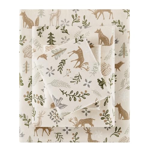 SLEEP PHILOSOPHY True North 100% Cotton Flannel Sheets Twin XL Size, Cozy Flannel Sheet Set Brushed for Extra Softness, Heavyweight Novelty Print Warm Flannel Bedding Set, Tan Woodland Winter 3 Piece