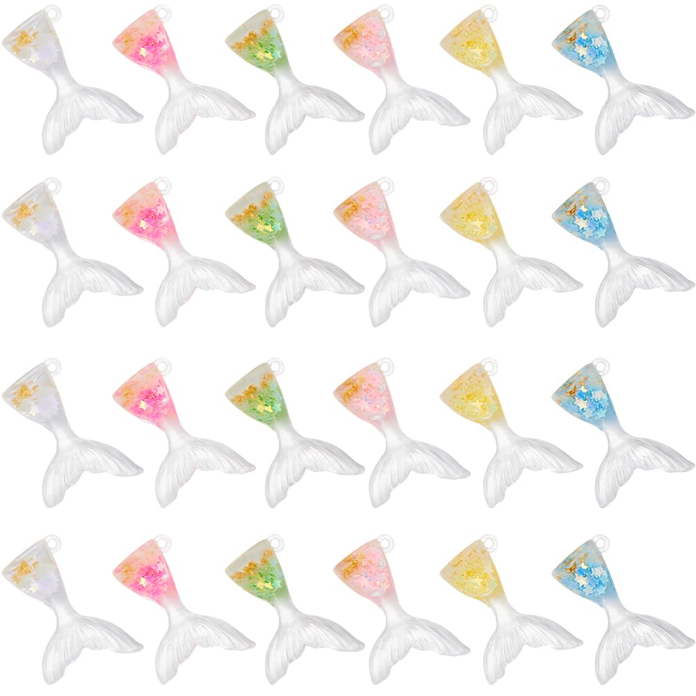 SOFPLATE 24Pcs 1 Box Fish Tail Charms Mermaid Tail Charms Bulk Transparent Glow in The Dark Luminous Ocean Animal Summer Ocean Beach Charm for jewellery Making Charms DIY Necklace Earrings Keychain