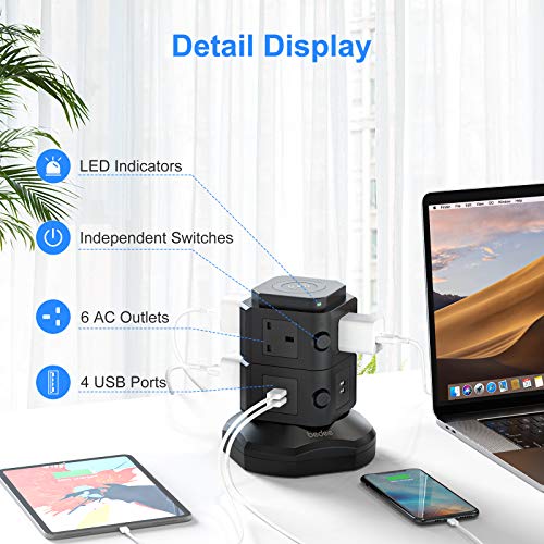 bedee Tower Extension Lead with Surge Protection, Multi Plug Power Extension Tower with 4 USB Slots, 6 Sockets & Wireless Charger, Vertical Power Strip with 2 Metre Cord & Individual Switches, Black