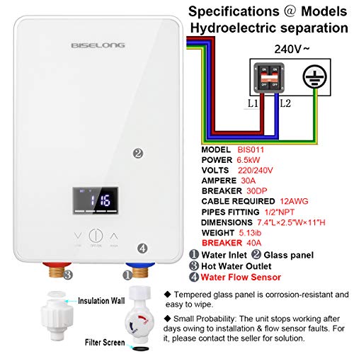 Tankless Water Heater Electric Hot Water Heater, Compact Size Point-of-Use Instant No Standby Losses, Digital Display, with Shower Head/Water Valve/Pipe 1.8GPM 6.5 KW, 220~240V