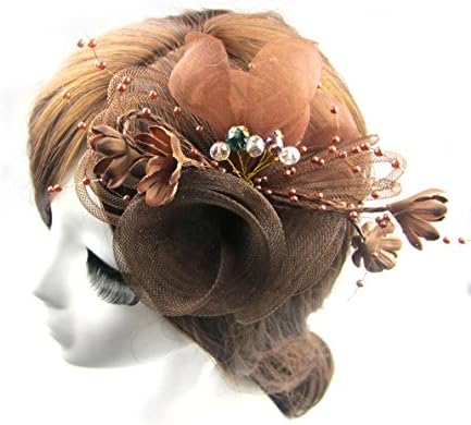 Fen Fun Net Chiffon Crystal beads Fascinator Headwear Flower Corsage Hair Clip Pin Brooch For Women Wedding Party (Deep Coffee)