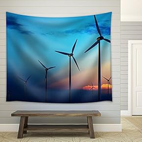 Wind Turbine Farm with Rays of Light at Sunset - Fabric Wall Tapestry Home Decor - 51x60 inches