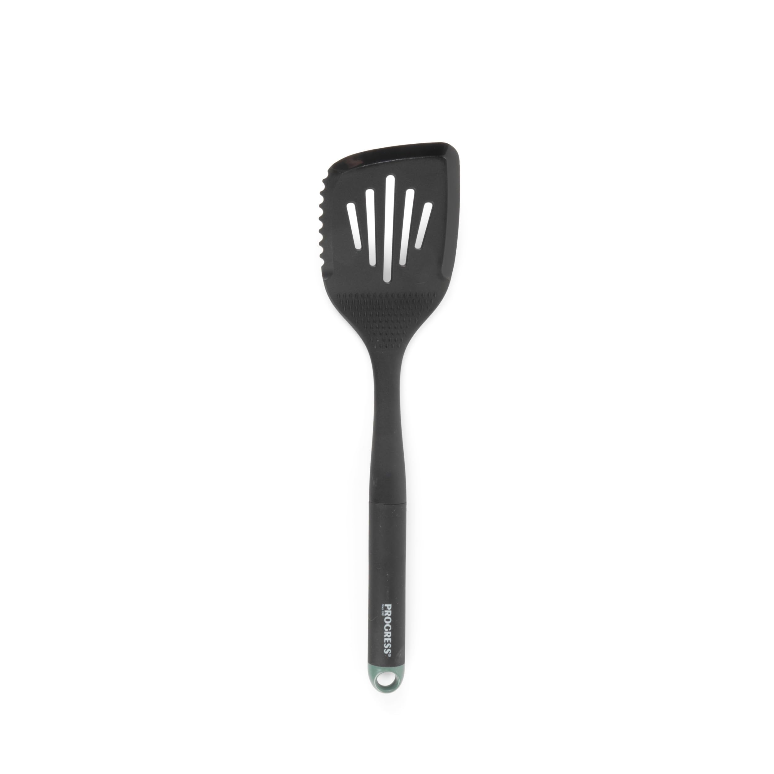 Progress BW09568GEU7 Slotted Spatula - Heat Resistant Cooking Turner, Integrated Garlic Rub, Non-Stick, Multifunctional Nylon Serving Kitchen Utensil, Green Storage Hanging Hook, Shimmer Collection
