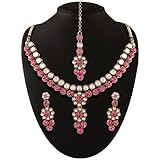 I Jewels Traditional Gold Plated Elegantly Handcrafted Kundan Jewellery Set with Maang Tikka for Women IJ269Q (Rani/Dark Pink)