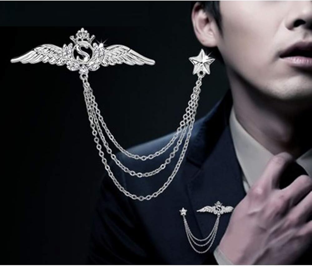 Huture 3-Pack Men's Elegant Wing Tassel Chain Rudder Shield Brooch Lapel Pin Badge Rhinestone Vintage Corsage for Tie Hat Scarf Suit Tuxedo Silver - Image 4