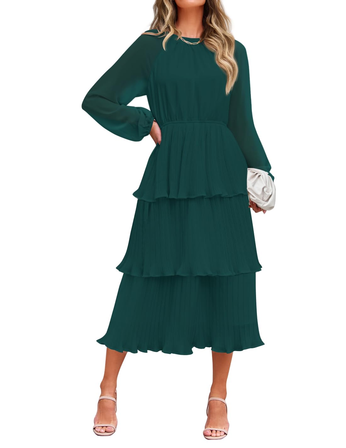 Photo 1 of ZESICA Women's 2025 Long Sleeve Crew Neck Ruffle Tiered Layered Chiffon Flowy Swing Long Midi Dress,DarkGreen,Large