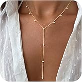 HABIKIP 14K Gold Plated Long Necklace for Women, Dainty Drop Lariat Necklaces, Gold Y-Shaped CZ Necklace Non Tarnish Trendy Simple Long Drop Cute Choker Necklaces Chain Valentine's Day Jewelry Gift
