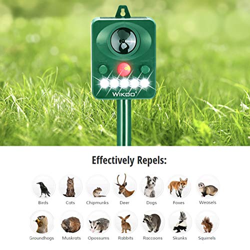 Wikoo Ultrasonic Animal Repeller ,Solar Powered Repeller,Activated with Motion,Ultrasonic and Flashing LED lights Outdoor Waterproof Repeller for Dogs,Cats,Foxes,Mice,Birds,Skunks,Etc.