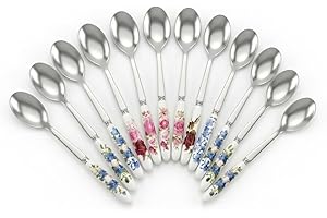12-Piece Ceramic Handle Spoons Set, Stainless Steel Spoons with Floral Design – Includes Coffee Spoons, Teaspoons, Honey Spoo