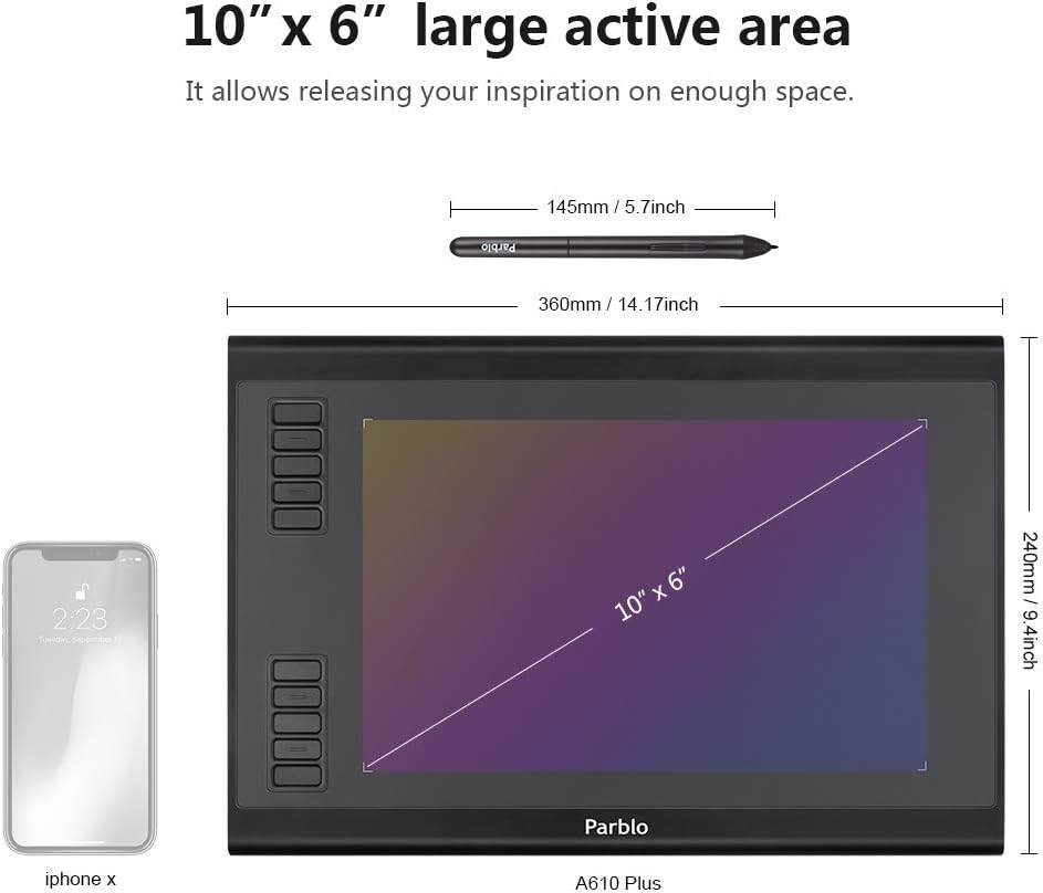 Parblo A610 Plus Drawing Tablet, 10.2 x 6.1 Inches Large Working Area Graphic Tablet, 8192 Levels Battery-Free Stylus Pen Tablet with 10 Hotkeys, Compatible with Windows Mac OS: Computers & Accessories