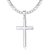 BWDIPCYC S925 Sterling Silver Beveled Edge Cross Necklace for Men Women with 5mm Figaro Link Chain, Gold Plated/Sterling Silver Fashionable Men's Crucifix Pendant Chain Necklaces 16-30 Inches