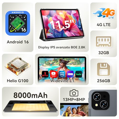 TABWEE T12Pro Android 16 Tablet con Tastiera - 2.8K BOE QHD+ Display, Tablet 11 Pollici, Helio G100, 32 GB RAM+256 GB ROM, 8000 mAh, 13 MP+8 MP, Widevine L1, Gemini AI, Tablet 4G LTE (4 Anni Garanzia)