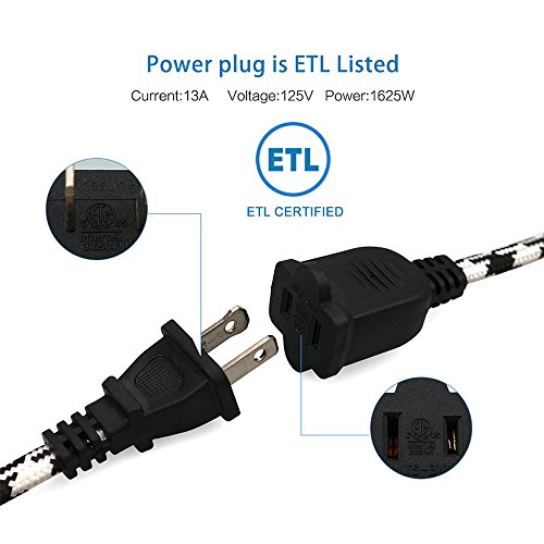 ClearMax 25 Feet 2 Prong Braided Extension Cord 16AWG Indoor/Outdoor Use - UL Listed - Black & White
