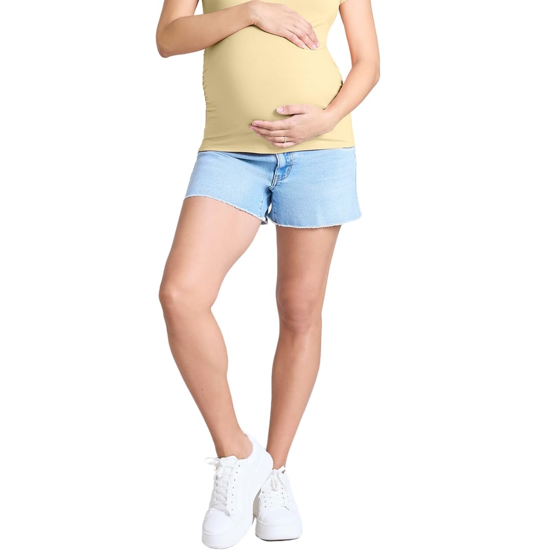 Photo 1 of Motherhood Maternity Women's Under The Belly Cutoff Denim Pregnancy Shorts, Light Wash