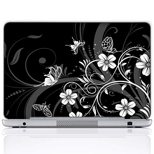 Meffort Inc 15 15.6 Inch Laptop Notebook Skin Sticker Cover Art Decal (Included 2 Wrist pad) - Black White Flower Butterfly