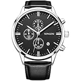SONGDU Date Multifunction Chronograph Watches For Men Online Stopwatch Black Leather Strap Luminous Hands