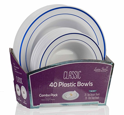 Laura Stein Designer Dinnerware Set | 40 Disposable Plastic Party Bowls | White Wedding Bowl with Blue Rim | Set Includes 20 x 12 oz Soup Bowls + 20 x 5 oz Dessert Bowls | Classic Series